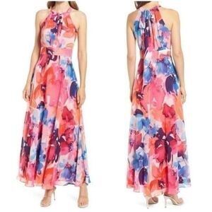 ELIZA J Vibrant Watercolor Pink Floral Popover Halter High Low Maxi NWT  2 $198